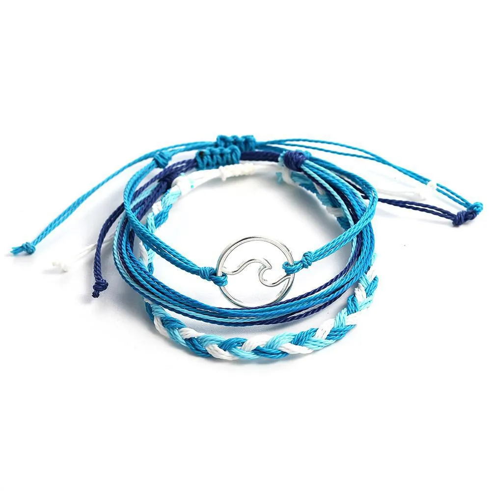 3pcs set handmade braided rope multilayer bracelet for women men fashion wave charm woven wax rope friendship bracelet diy jewelry set