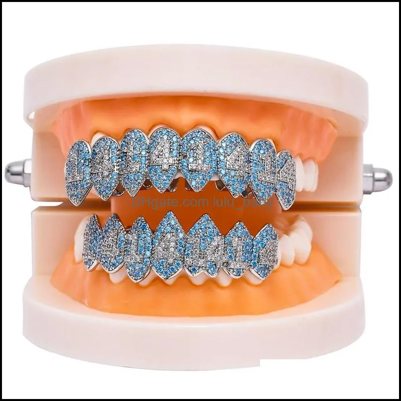 silver color iced out 1414 gold grillz crystal jewelry accessories top bottom grills teeth body jewelry hip hop bling cubic zircon 670