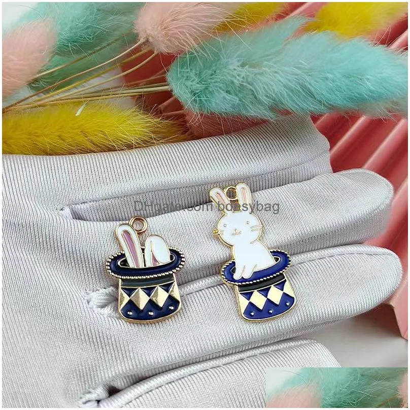 20pcs/lot cartoon animal magic hat rabbit enamel pendant charm for diy earring keychain findings jewelry making accessories