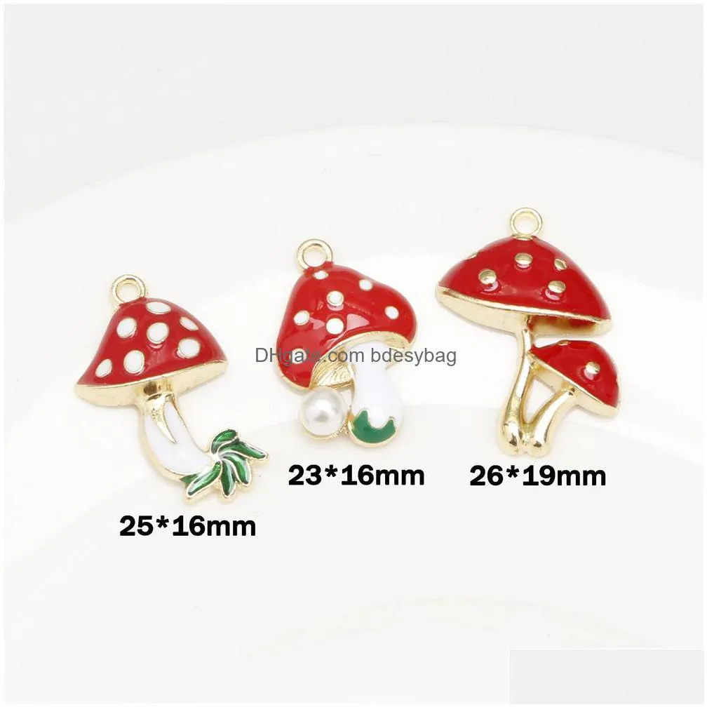 20pcs alloy dripping oil mushroom charm with red enamel faux pearl pendant diy handmade accessories keychain hanging chain