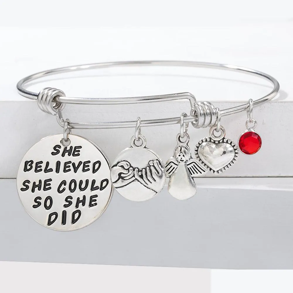inspirational birthstone charm bracelet bangle for women angle friendship charm expandable stainless steel wire bangle