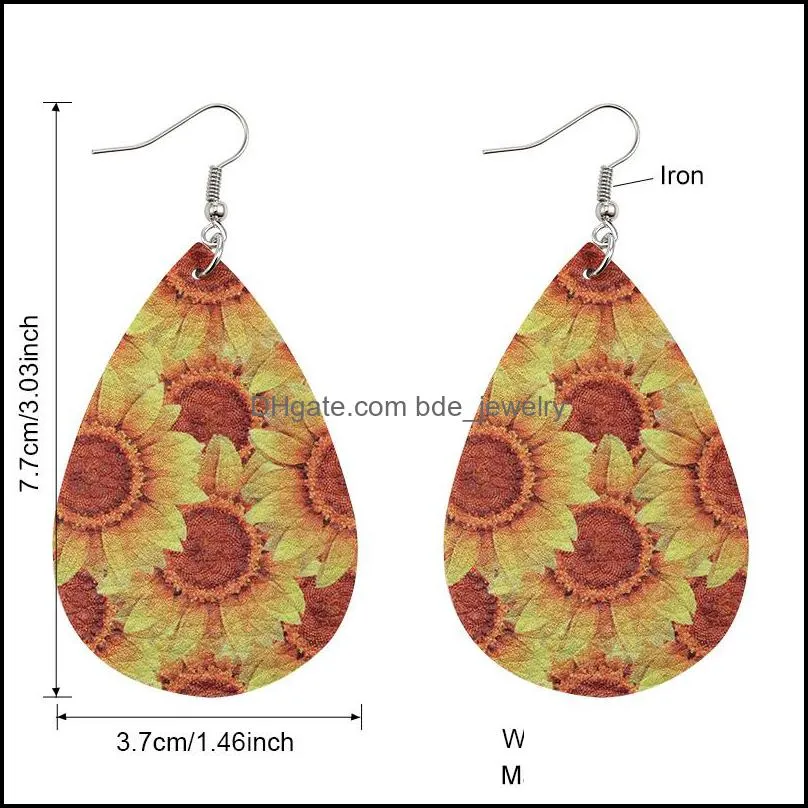 bohemia design sunflower printed pu leather earrings for women girl fashion oval waterdrop dangle drop earrings hook ear party jewelry
