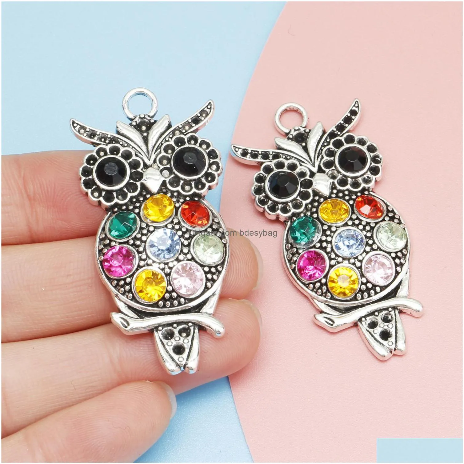 10pcs antique silver plated colorful crystal owl charm pendants for jewelry accessories making bracelet diy 49x23mm