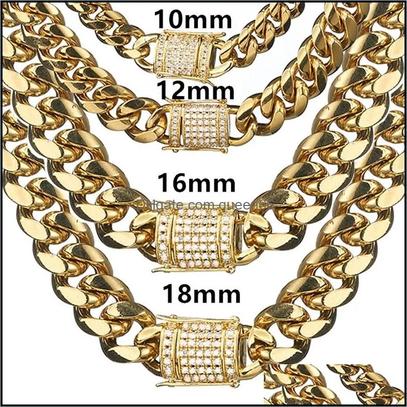 618mm wide stainless steel cuban  chains necklaces cz zircon box lock big heavy gold chain hiphop jewelry 436 q2