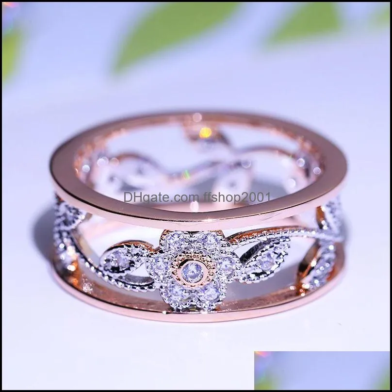 trendy luxurious hollow out flower rings for women exquisite lucky cz crystal flower leaf ring european wedding jewelry wholesale lover