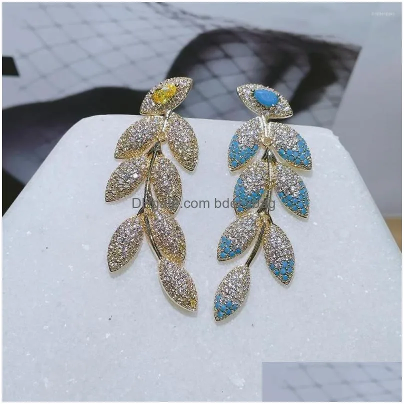 stud earrings hibride unique design multicolor leaf long for women bridal prom party cubic zirconia fashion jewelry e1036