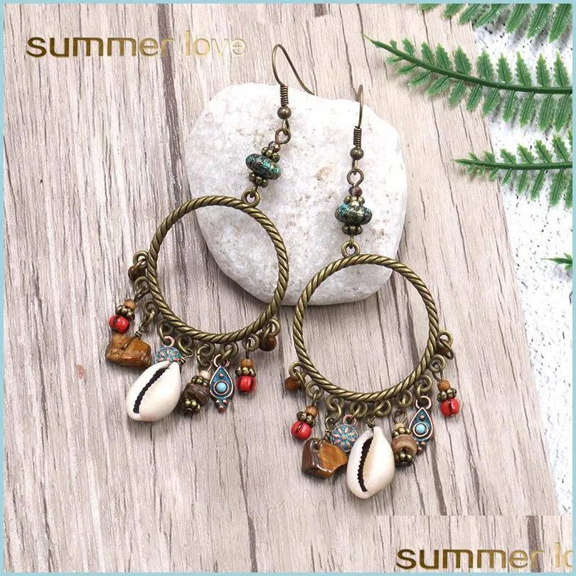  large bohemian vintage gold dangle earrings for women handmade beaded natural shell hoop earrings seaside holiday earrings jewelry