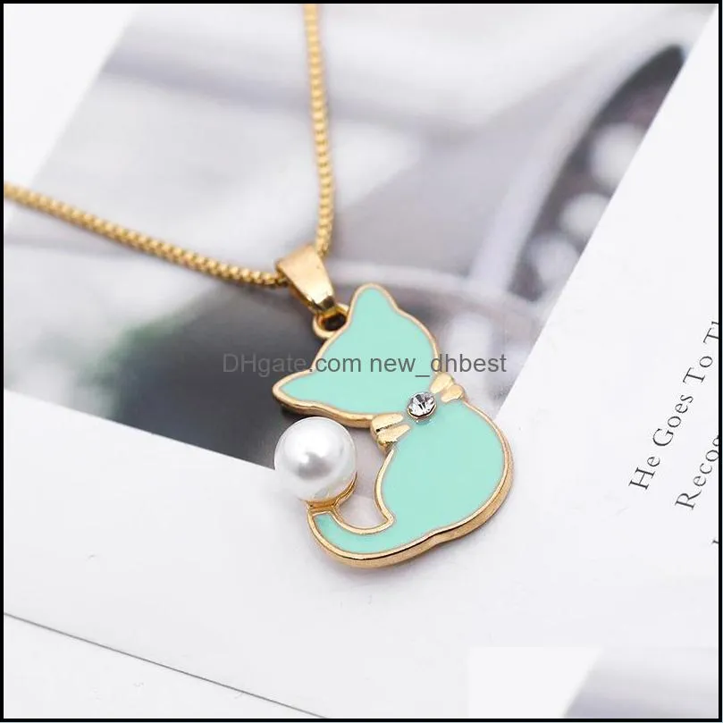 1pc ladies enamel cat drops oil zircon pearl color tail necklace animal puppy dog cartoon pets pussy pendant necklace jewelry 825 r2