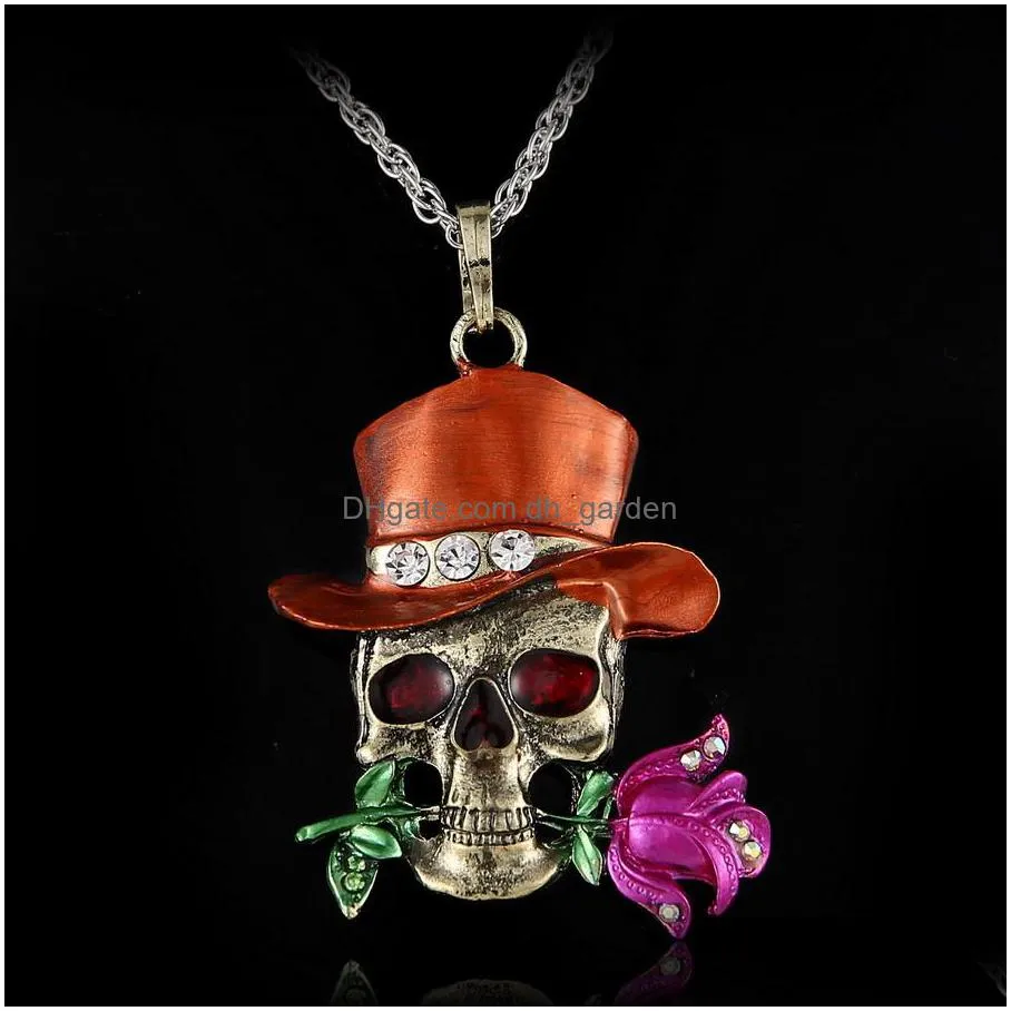 cr jewelry new fashion retro diamond skull pendant necklace european and american punk charm rose halloween jewelry wholesale