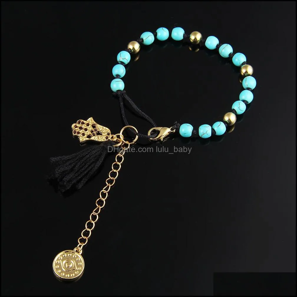 turquoise braided rope chain tassel hand palm pendant bracelet for women fashion natural stone beads bracelets