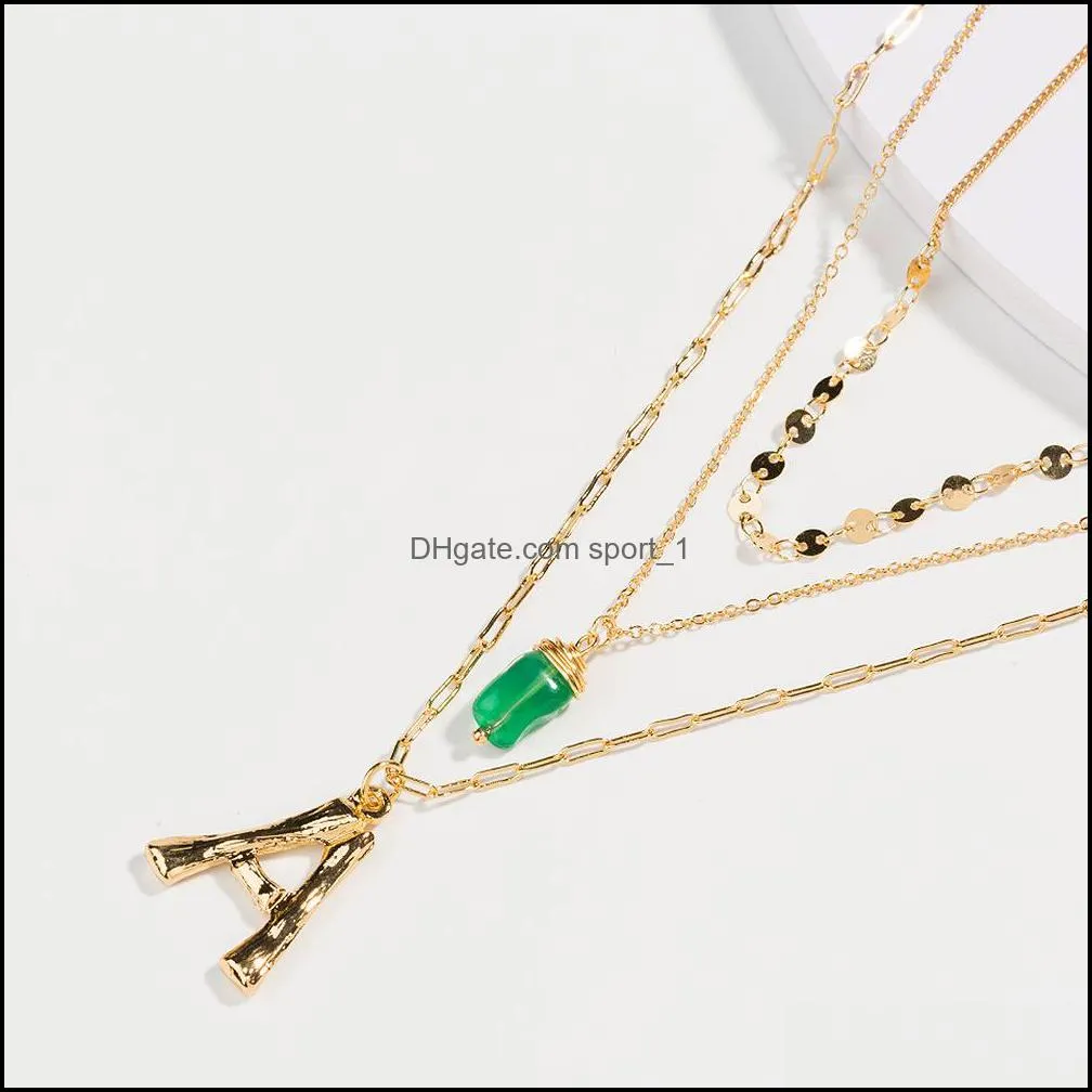 26 letters necklace women fashion green natural stone pendant necklace multilayer necklaces