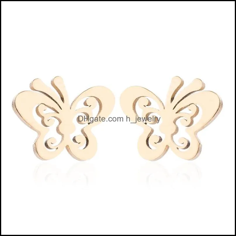 stainless steel butterfly pendant necklace stud earring set for women girls link chain earring lovely silver gold jewelry