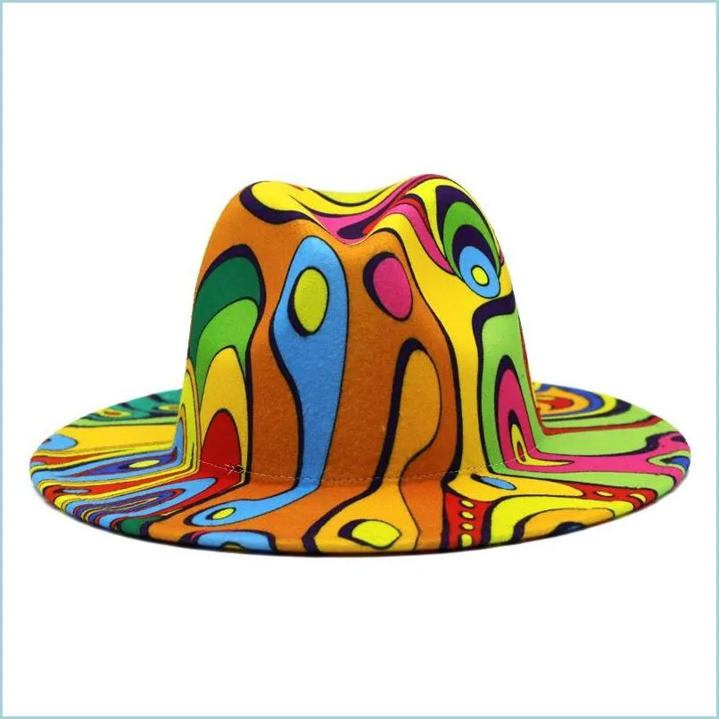 colorful tie dye felt jazz hats women faux wool fedora hat wide brim panama style party formal chapeau gambler cap