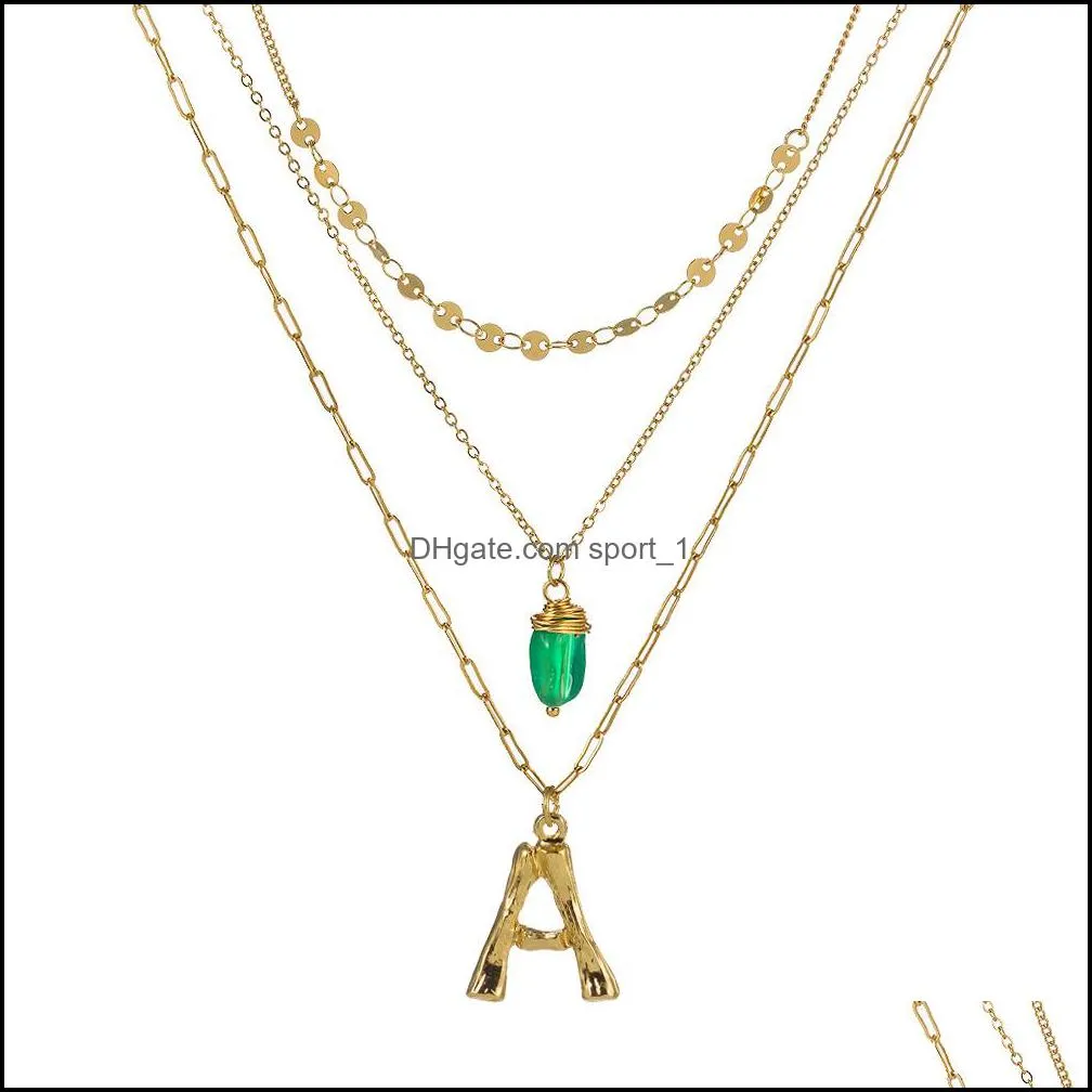 26 letters necklace women fashion green natural stone pendant necklace multilayer necklaces