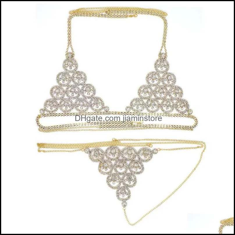 other fashion trend style body chain bra panties woman sexy bling rhinestone bikini jewelry suit chest thong c3