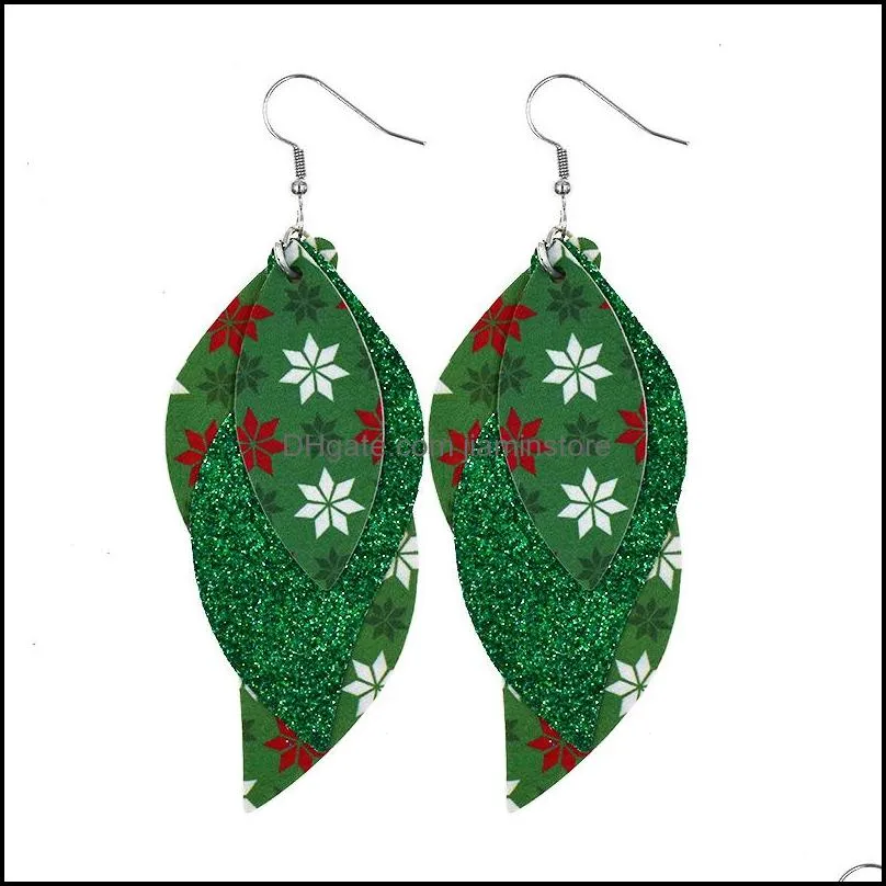 christmas earrings 3 layered s shape lightweight faux leather leaf earrings glitter red dangle earring for women gifts 138 h1