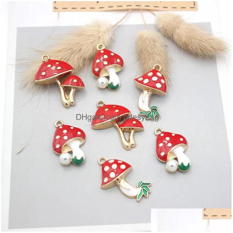 18pcs cartoon red enamel mushroom charms zinc alloy enamelled mushrooms with imitation pearl pendants gold color jewelry finding