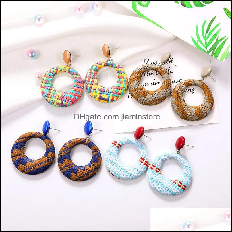 bohemian round geometric raffia dangle earrings for women fashion handmade woven 6 color hoop earring jewelry gift