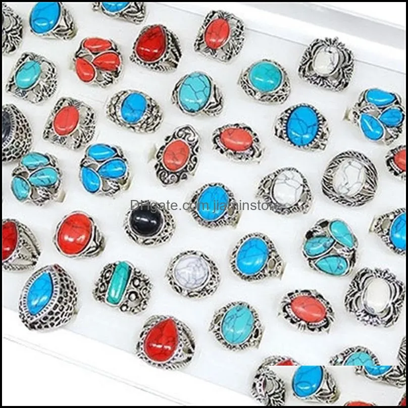  30pcs/pack turquoise ring mens womens fashion jewelry antique silver vintage natural stone ring party gifts 634 q2