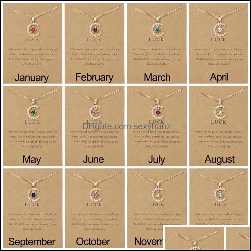 birthstone month moon star pendent necklaces 12 months luck necklace with paper card for couple women girls gift c3