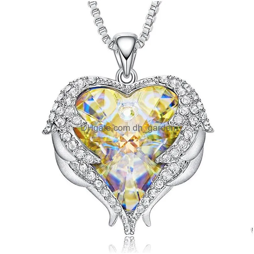 s925 sterling silver fine jewelry ocean heart necklace angel wings crystal collarbone chain necklace wholesale