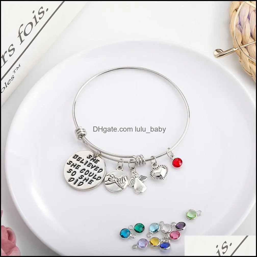 inspirational birthstone charm bracelet bangle for women angle friendship charm expandable stainless steel wire bangle