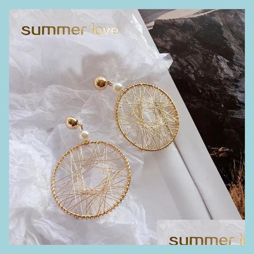 korean geometric round thread winding exaggerated pendant earrings for simple design gold hollow earrings jewelry