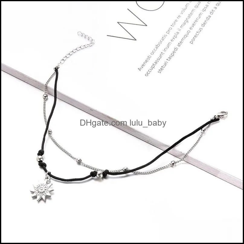 bohemia sun pendant beaded anklet bracelet for women simple rope alloy doublelayer in summer leg ankle foot jewelry anklets