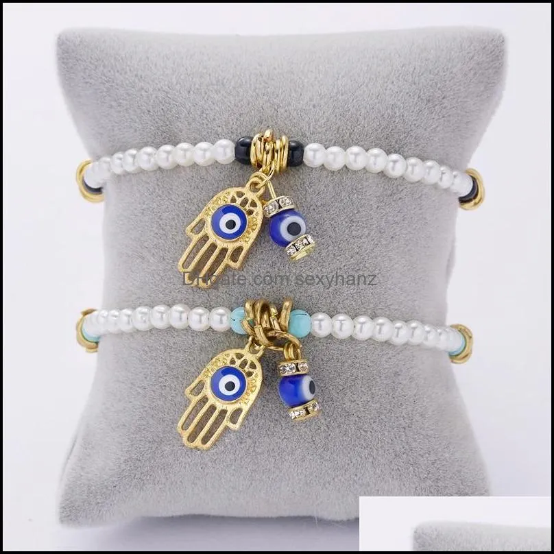 charm bracelets lucky hamsa hand pendant bracelet pearl beaded turkish evil eye for women men couple handmade friendship jewelry gifts