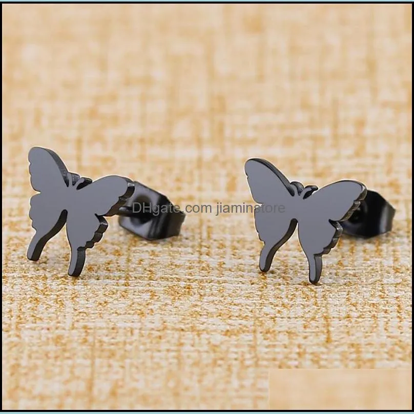 fashion 4 color butterfly stainless steel stud earrings for women girls gold silver rose gold black earring jewelry gift