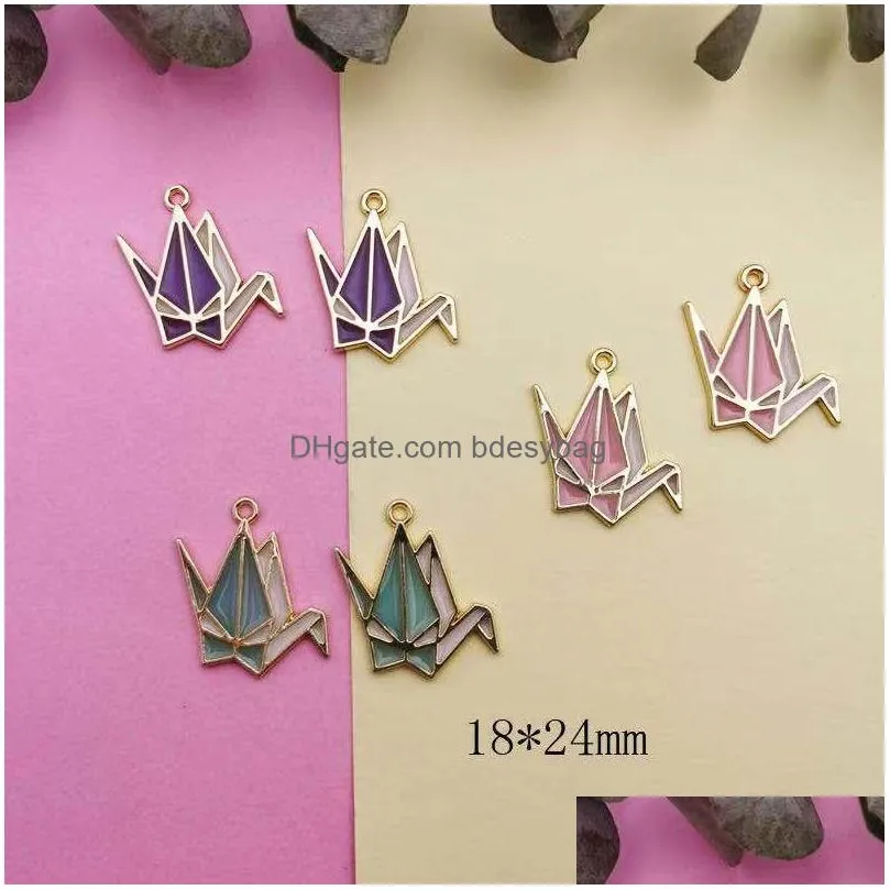 30pcs cute make a wish crane enamel charms pendants gold tone metal charms fit jewelry diy accessories earring floating handmade