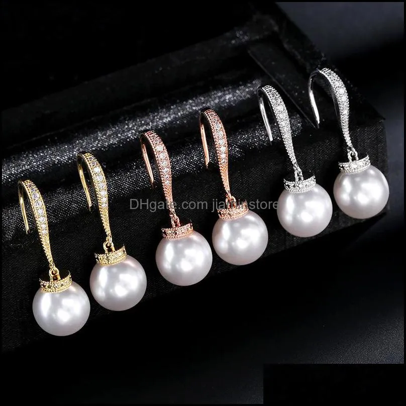 copper inlay zircon pearl earring for women elegant gold silver rose gold hook earring fit wedding prom party jewelry