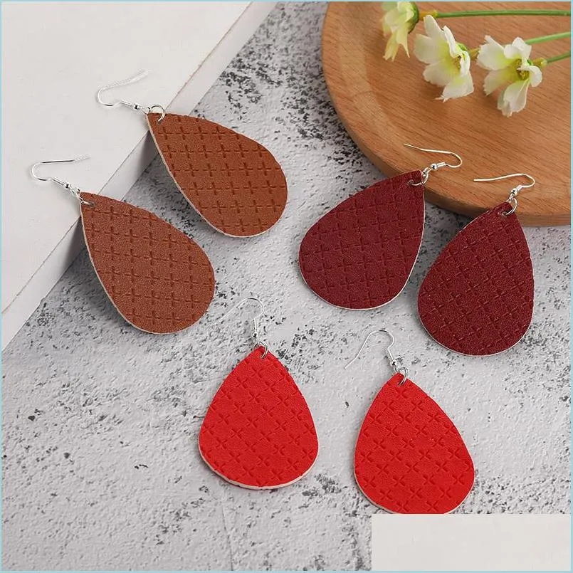 fashion lattice pattern pu leather water drop dangle earring for women colorful double side bohemian silver plating hook earring