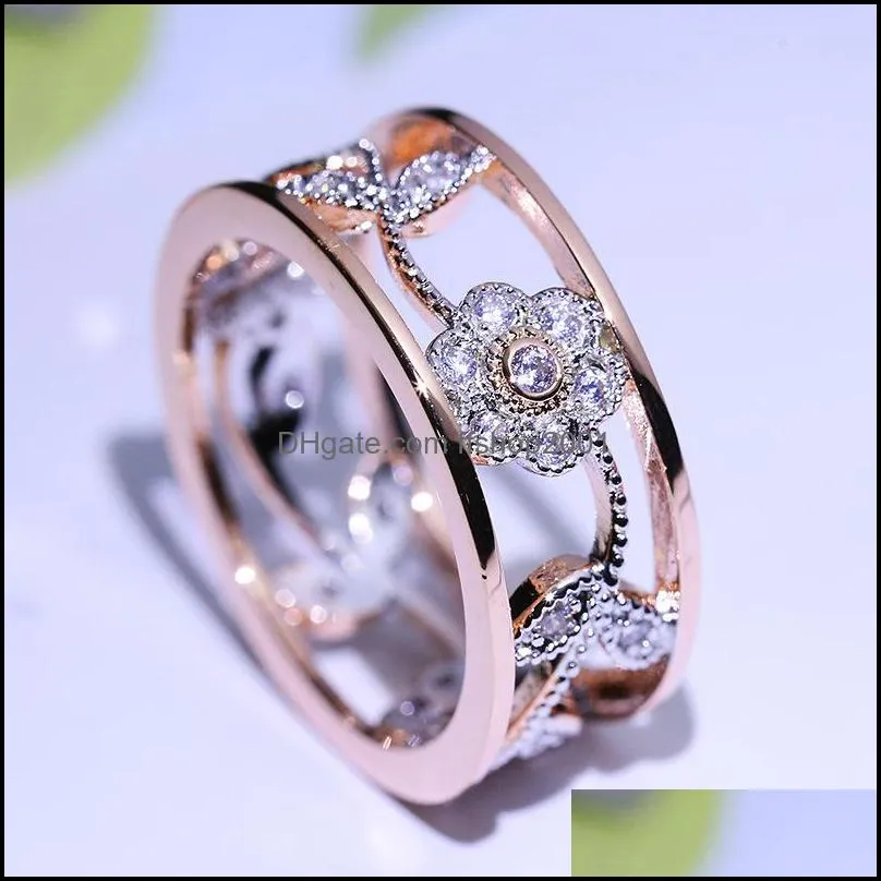 trendy luxurious hollow out flower rings for women exquisite lucky cz crystal flower leaf ring european wedding jewelry wholesale lover