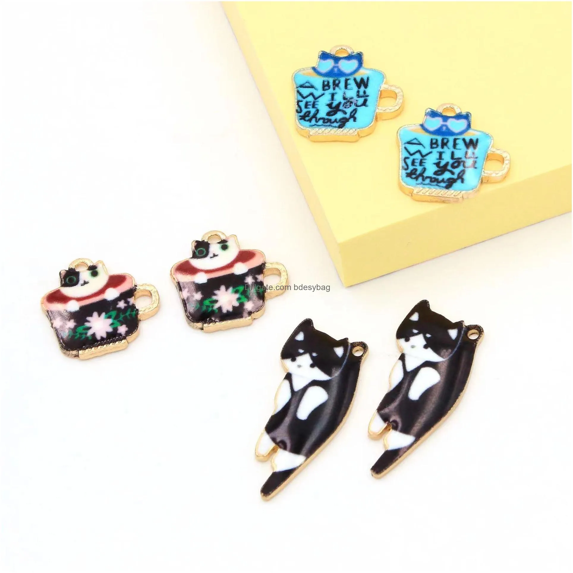 20pcs/lot cartoon animal cat enamel charms for jewelry making cute drop earrings pendants necklaces diy keychain crafts supplies