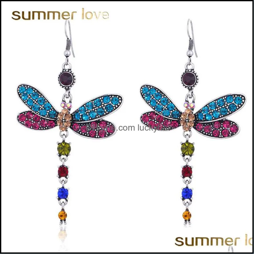 colorful crystal dragonfly tassel vintage drop dangle stud earring for women silver plating earrings trendy party wedding jewelry