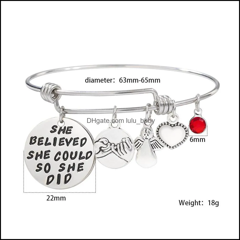 inspirational birthstone charm bracelet bangle for women angle friendship charm expandable stainless steel wire bangle