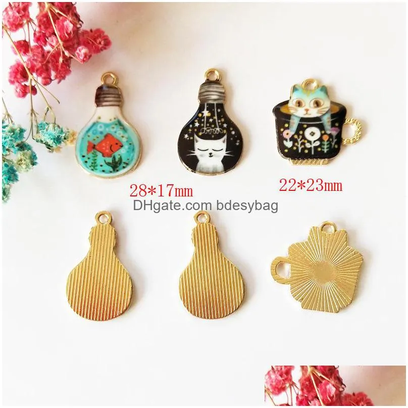 10pcs fangle cartoon printed charms cup cat bulb fish metal pendants oil drop gold tone enamel diy earring jewelry accessory