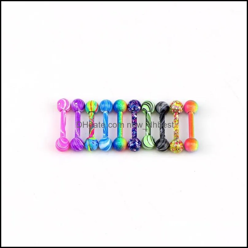 100pcs body jewelry piercing tongue ring barbells nipple bar 14g 1 .6mmx16mmx6mm mix nice colors christmas gift 617 q2