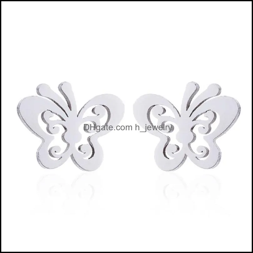 stainless steel butterfly pendant necklace stud earring set for women girls link chain earring lovely silver gold jewelry