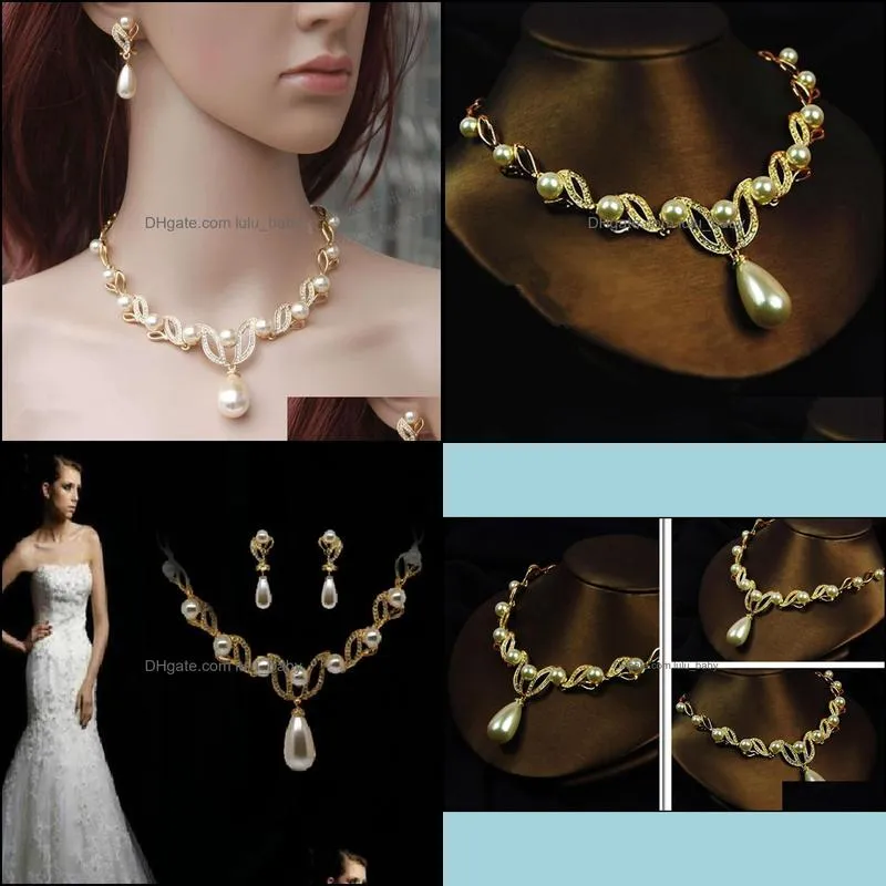 18k gold plated cream pearl and rhinestone crystal bridal necklace and earrings jewelry sets 1834 t2