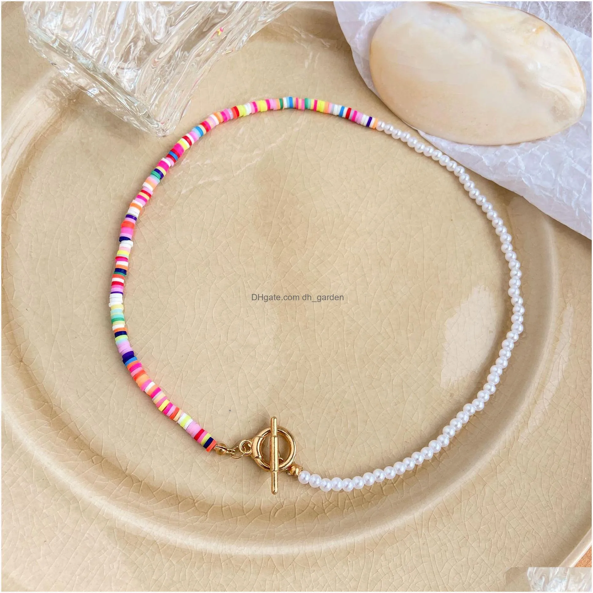 bohemian color beaded flower necklace soft pottery imitation pearl clavicle chain colorful fruit neck accessories