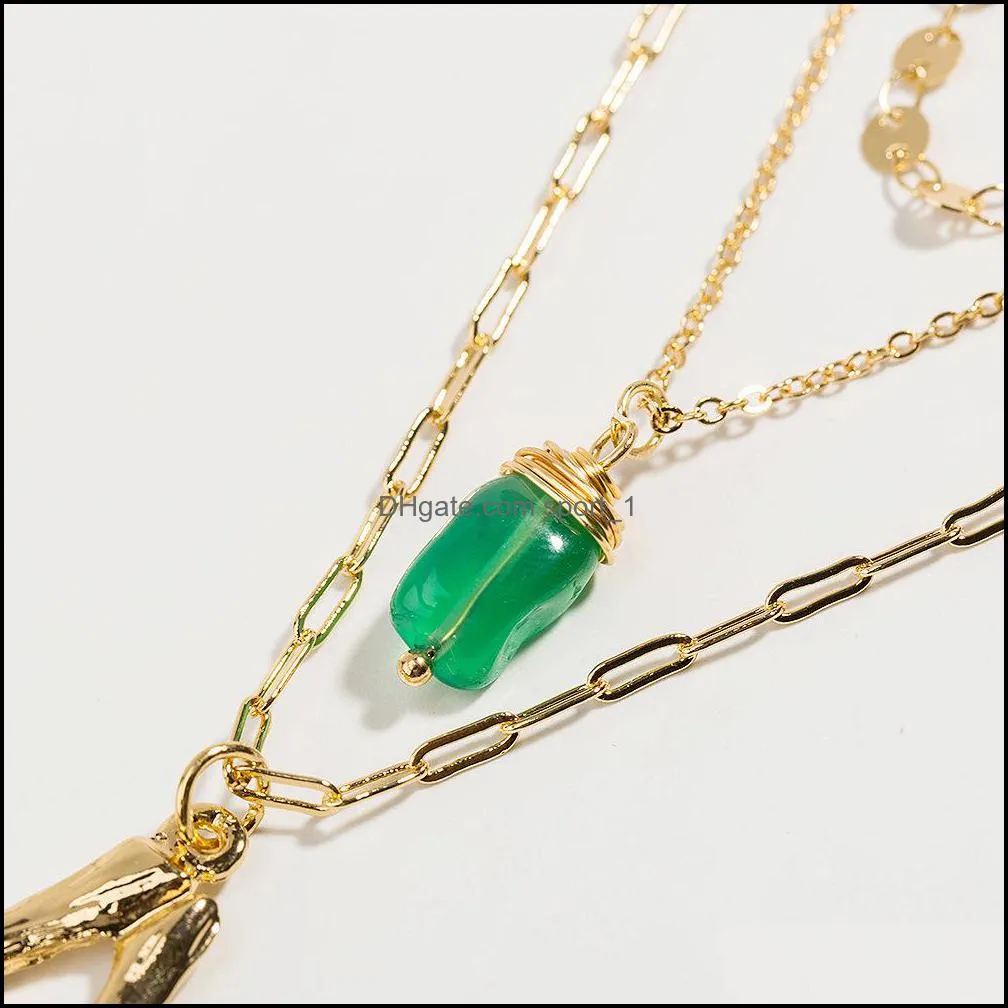 26 letters necklace women fashion green natural stone pendant necklace multilayer necklaces