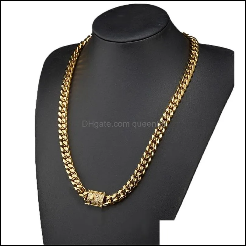 618mm wide stainless steel cuban  chains necklaces cz zircon box lock big heavy gold chain hiphop jewelry 436 q2