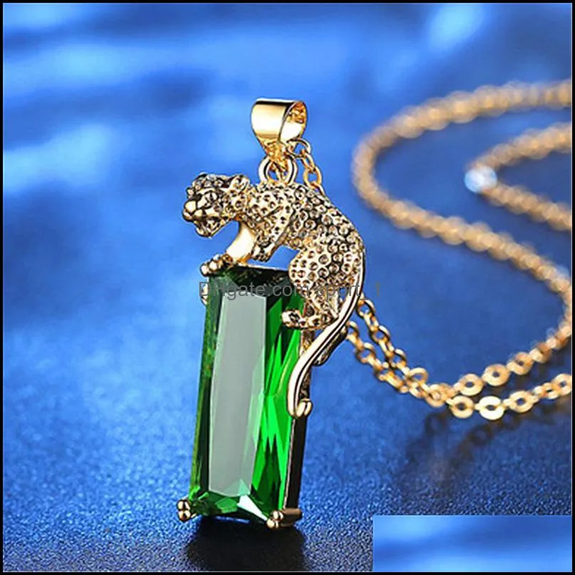 domineering animal leopard pendant big rectangle stone necklaces for men women green zircon yellow gold link chain necklace
