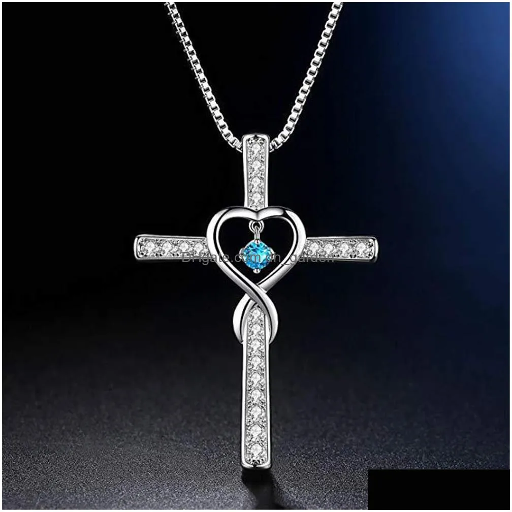 cr fashion cross floating birthstone pendant s925 sterling silver plated gems birthday necklace gift