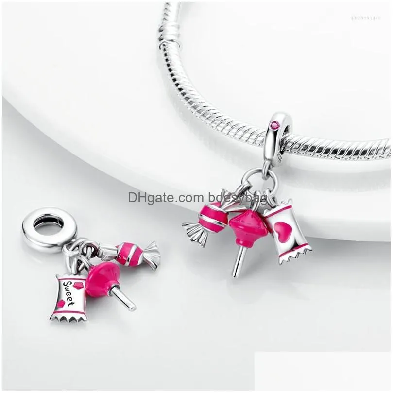 charms pink sweet candy lollipop suger dangle charm fit women bracelet necklace enamel pendant silver color beads for jewelry making