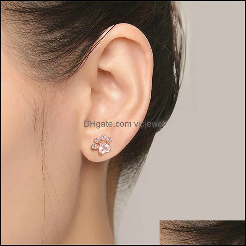 silver stud earring cute heart cat paw white zircon stud earrings for women animal footprint crystal stone earrings wedding jewelry