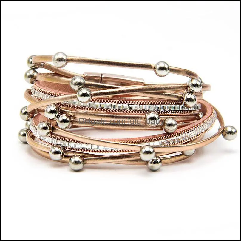 shinning punk multilayer beads wrap pu leather bracelet 5 colors bangle women design alloy bracelet with magnetic clasp gift