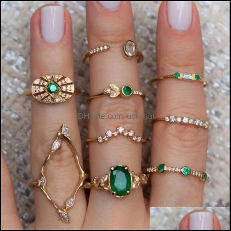 9 pcs/set women green crystal geometry crown flower heart star opal knuckle ring set boho party rings jewelry gold finger ring 464 q2